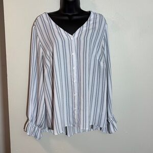 Tahari White and Blue Striped Blouse XL